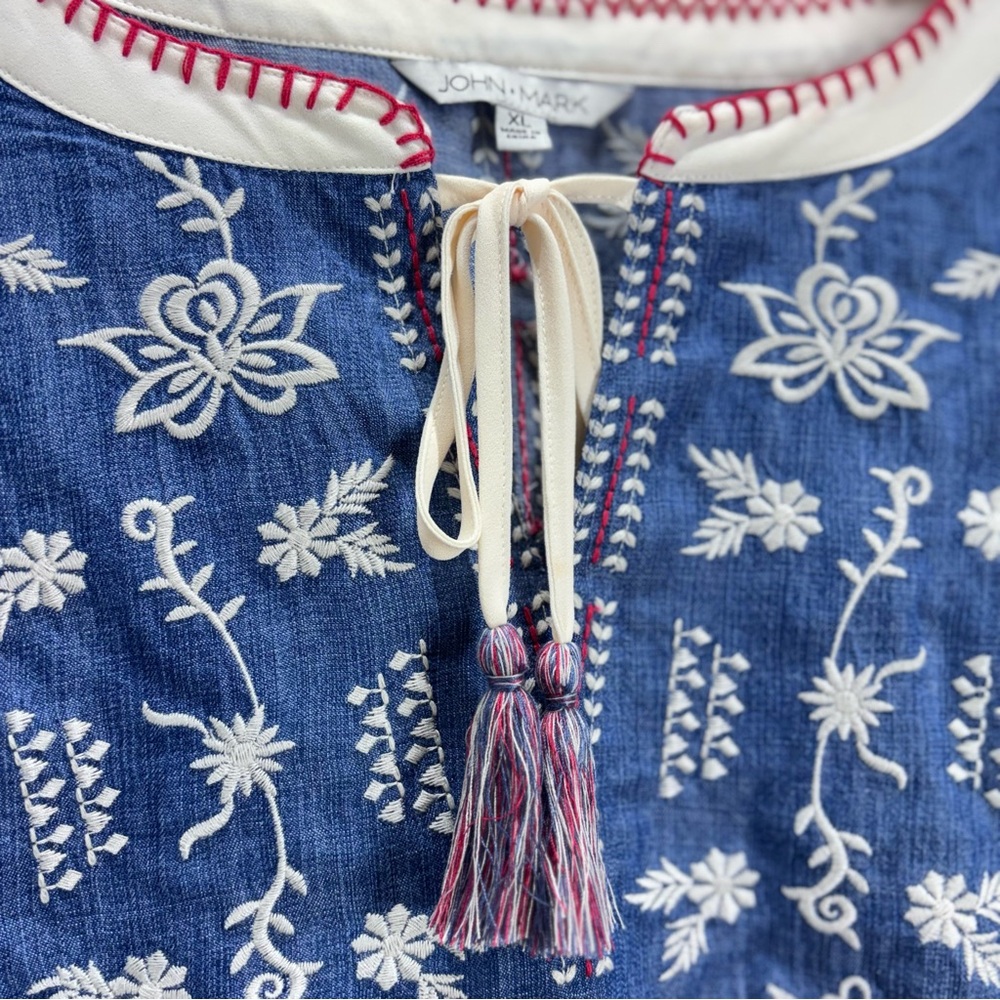 John Mark Embroidered Peasant Top Blue Red Loose Fit Dopamine Cotton XL - Picture 4 of 12
